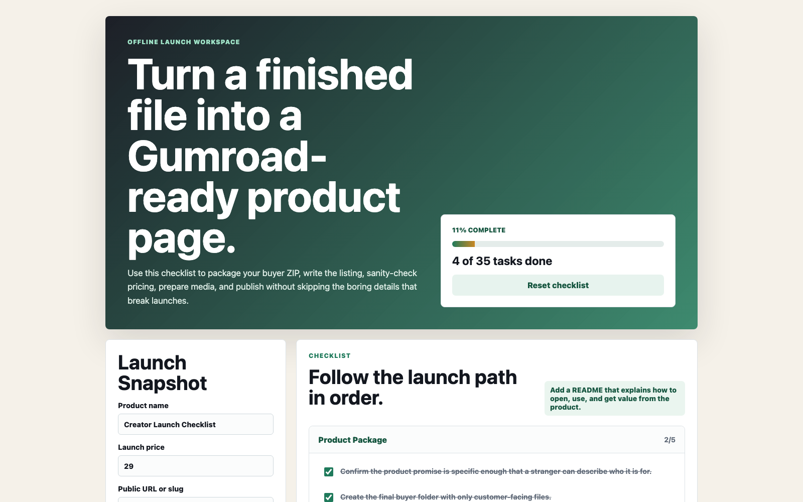 Gumroad Listing Launch Kit offline checklist interface